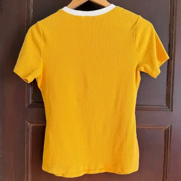 UNIQUE VINTAGE | Mustard Yellow Ribbed Short Sleeve Top with Quarter Zip | Large - Picture 2 of 4